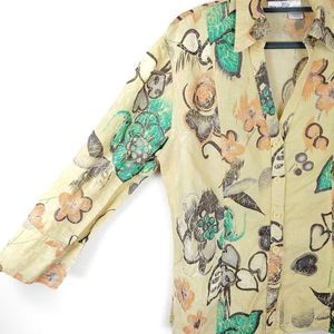 Harve Benard XL Linen Blend Yellow Floral Button Down Top